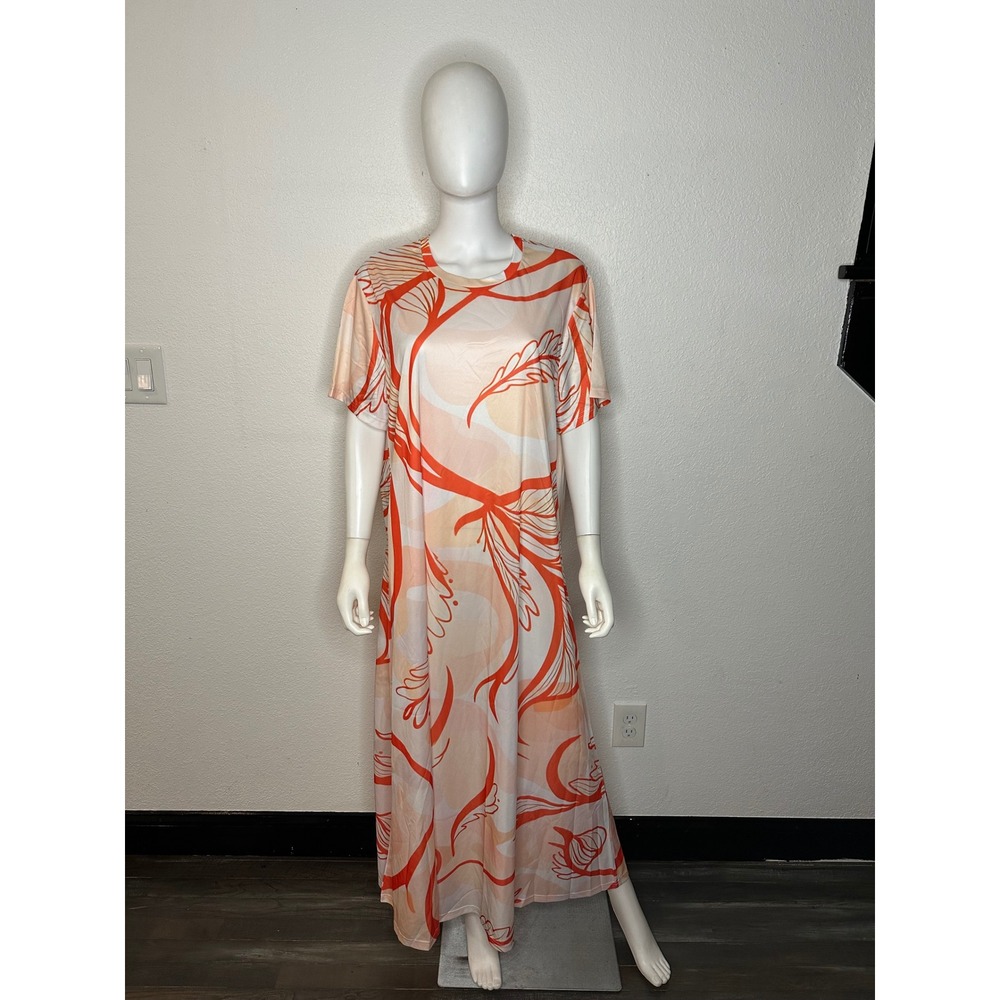 Orange Cream Abstract Floral Print Short Sleeve Maxi T-Shirt Dress